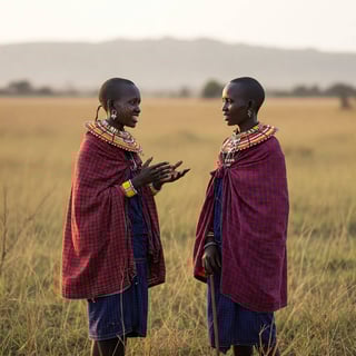 Masai women in traditional dress are talking to each other in the savannah