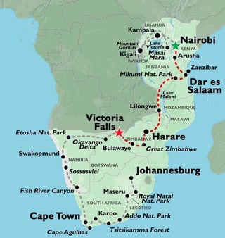journeyed overland and rails from nairobi kenya to the majestic victoria falls in zambia and zimbabwe