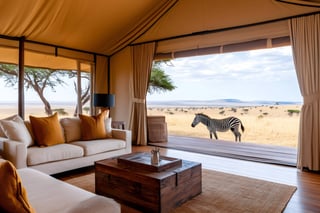Luxury Tent Interior With Comfortable Furniture Offers Stunning View Of Zebra In African Savanna Luxury Tent Interior With Comfortable Furniture Offers Stunning View Of Zebra In African Savanna