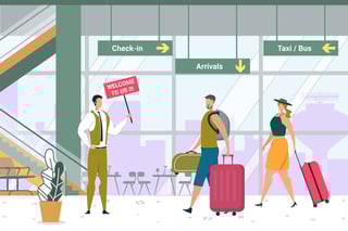 Man With Signboard Meeting Guests In Airport Tourists With Luggage Departure To Terminal Travel Man With Signboard Meeting Guests In Airport Tourists With Luggage Departure To Terminal Travel
