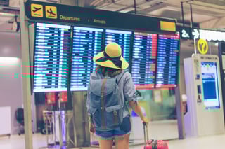 Young Woman Traveler In International Airport Looking At The Flight Information Young Woman Traveler In International Airport Looking At The Flight Information