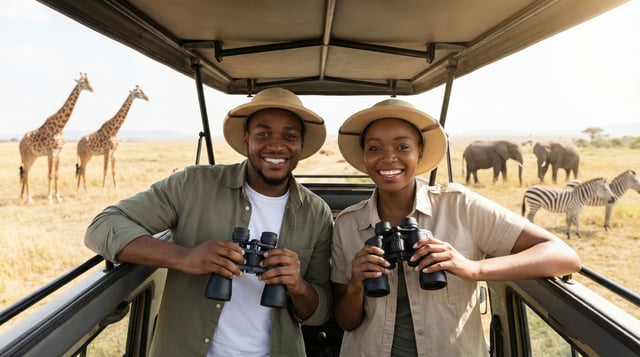 Couple Open Safari Vehicle Binoculars