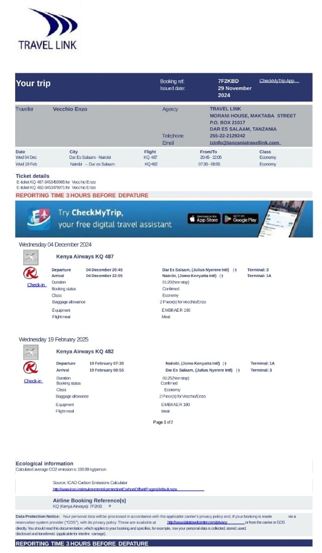 Kenya eTA Antrag Hin- und Rückflugticket