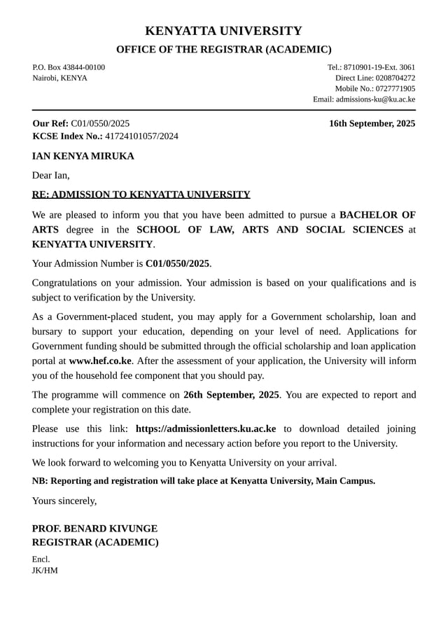 Lettre d'admission de l'Université Kenyatta