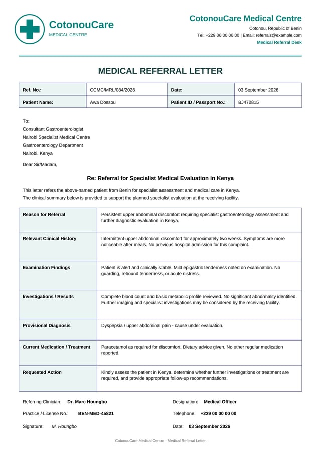Carta de Referencia Médica de Benín a Kenia