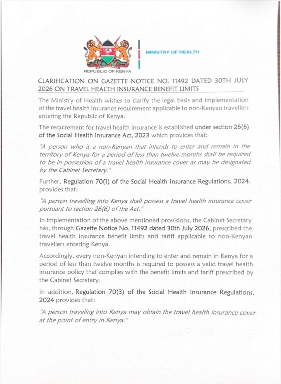 Kenya Ministry Of Health Travel Health Insurance Notice